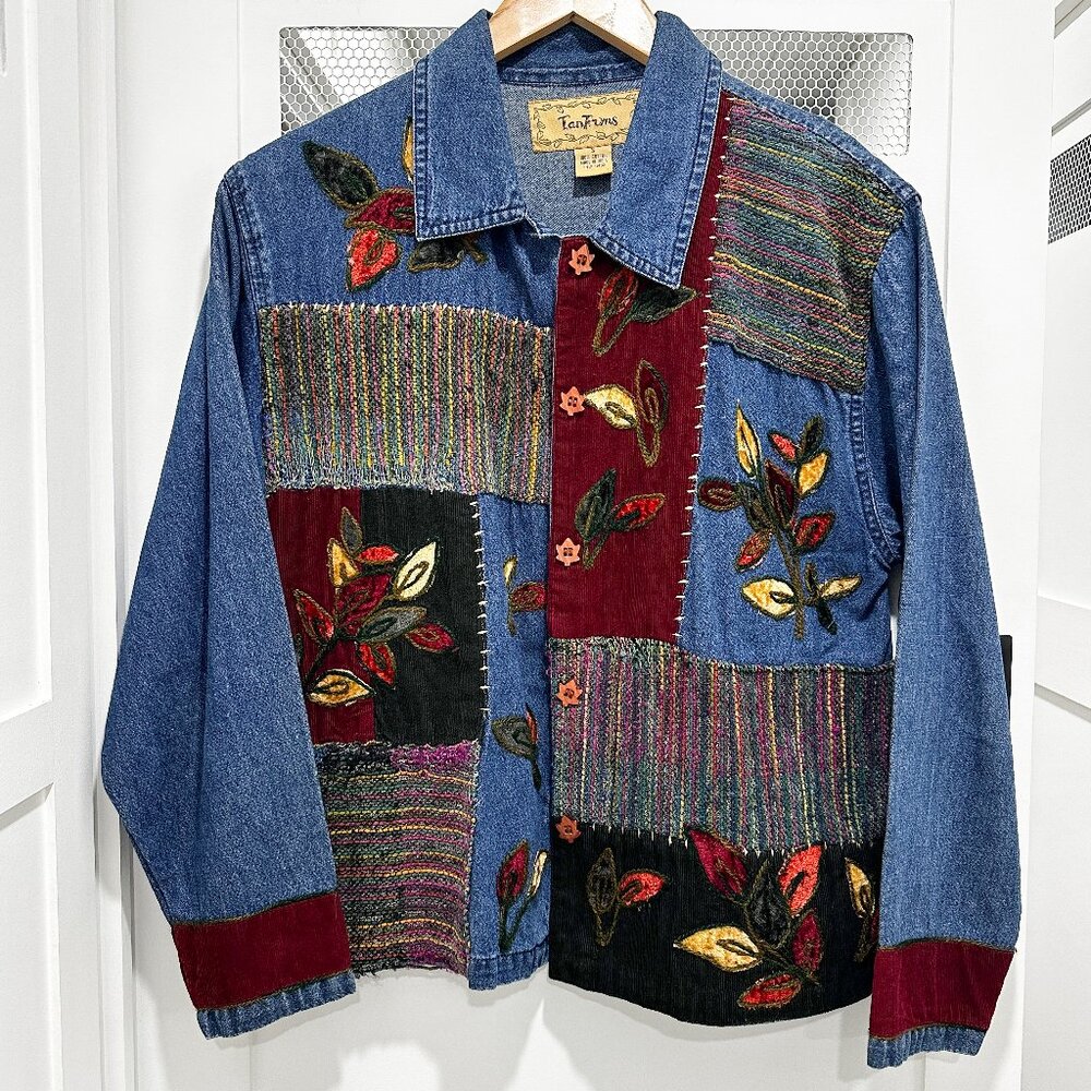 SOLD Vintage Tantrums 100% Cotton Jean Jacket Coat Patch Fall Velvet